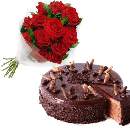 RED ROSES WITH CHOCOLATE TRUFFLE CAKE