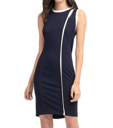 DKNY Navy White Combo Piped-Trim Dress