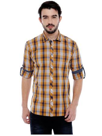 L.A. SEVEN Mustard Checked Full Sleeves Slimfit Cotton