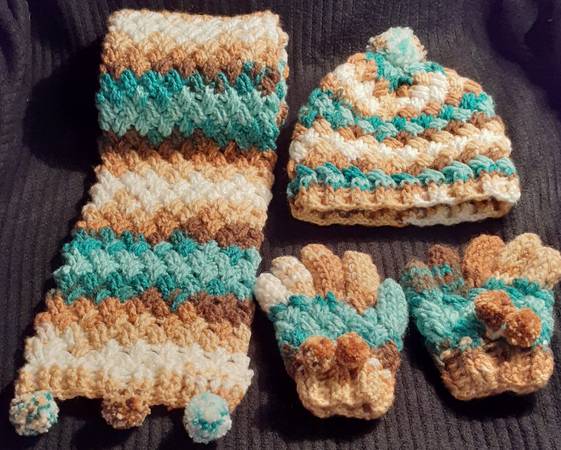 Handmade crochet set of hat, scarf and gloves