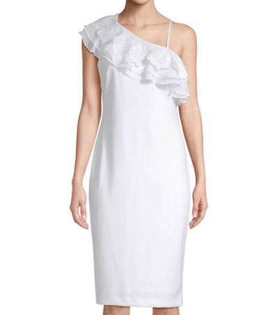 CALVIN KLEIN White Ruffled Asymmetrical Neck Dress
