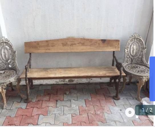 Garden bench and aluminum cast chairs