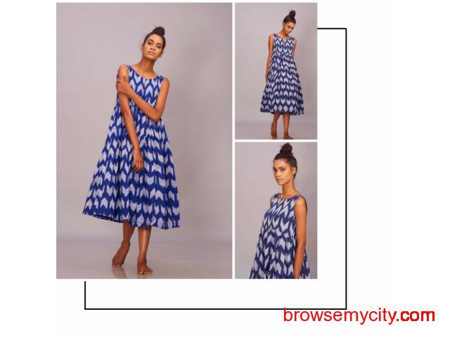 Buy blue handwoven Ikat pleated dress online from Kalamargam