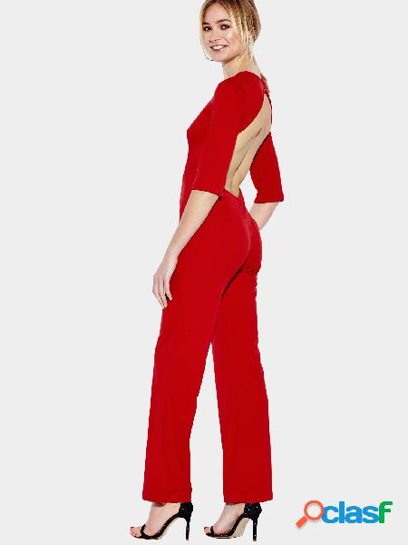 3/4 Length Sleeves Backless Jumpsuit