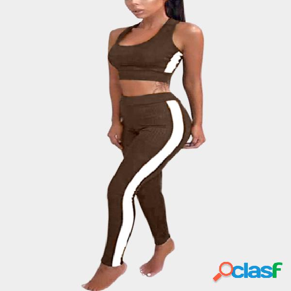 Active Contract Color Sleeveless Tracksuit in Brown