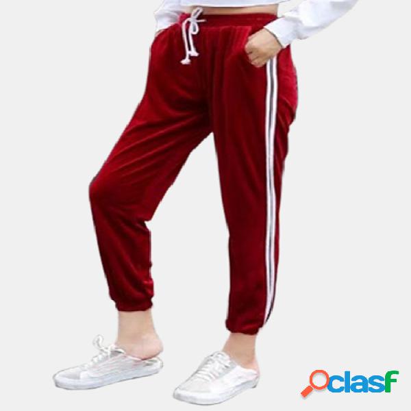 Active Contrast Color High Waisted Velvet Pants in Red