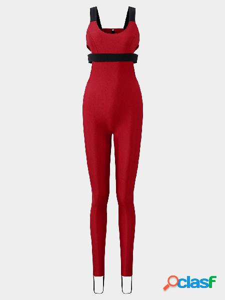 Active Cut Out Stitching Design Bodycon Jumpsuit in Red