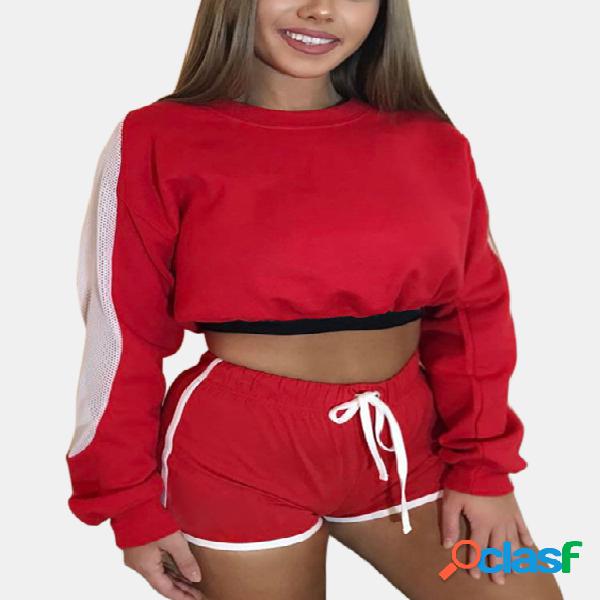 Active Net Yarm Round neck Crop Top in Red