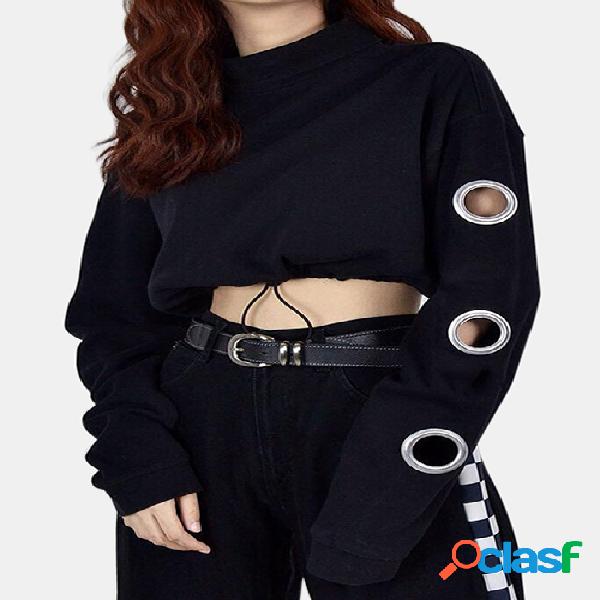 Active Round Neck Cut Out Sweatshirts in Black