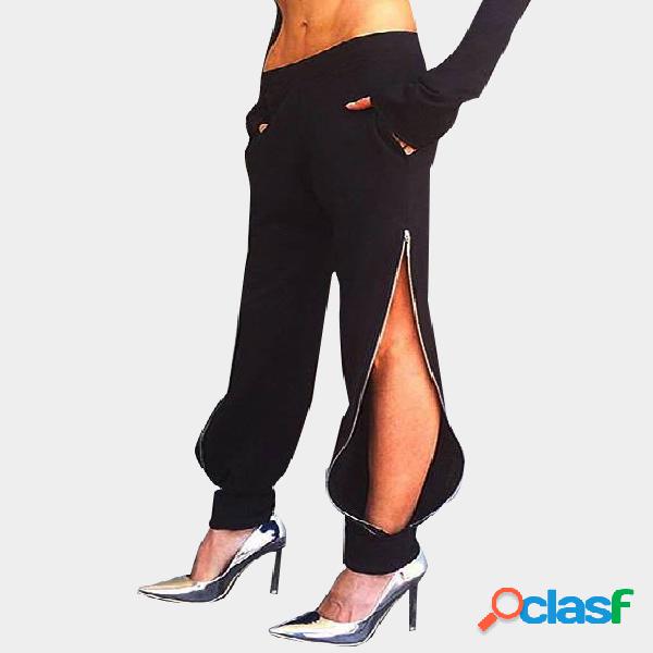 Active Zip Design Elastic Pants in Black
