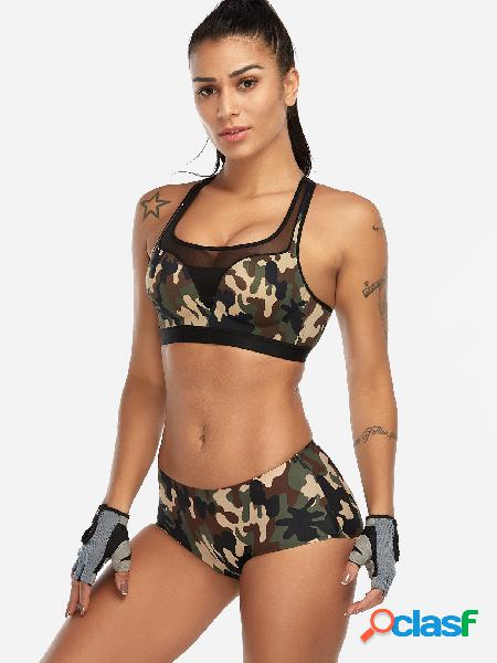 Amry Green Camo Cut Out Detail See-through Front Scoop Neck