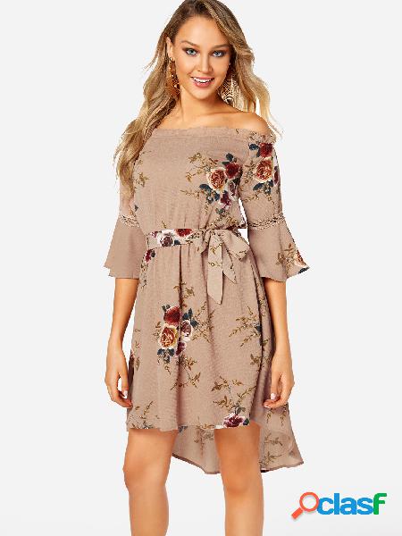 Apricot Floral Print Off Shoulder Irregular Hem Midi Dress