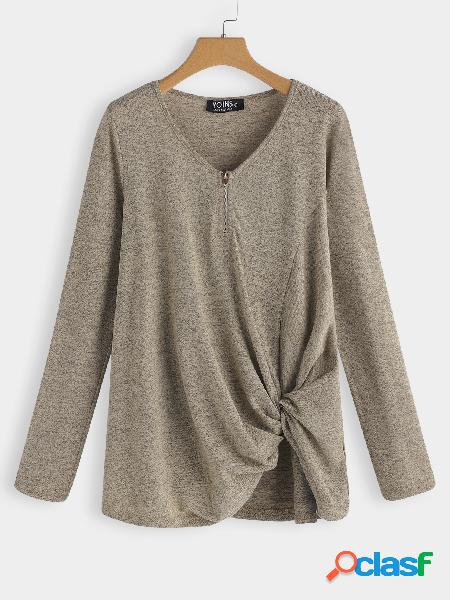 Apricot Knotted Design Plain V-neck Long Sleeves T-shirts
