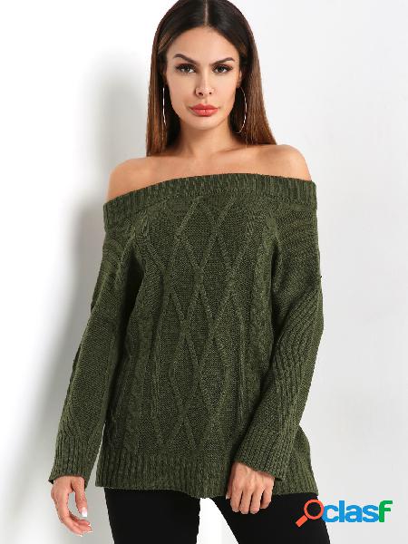 Army Green Cable Knit Off The Shoulder Long Sleeves Sweater