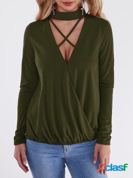 Army Green Casual Choker Neck Crossover V Front Drape