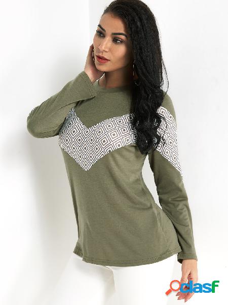 Army Green Color Block Round Neck Long Sleeves T-shrit
