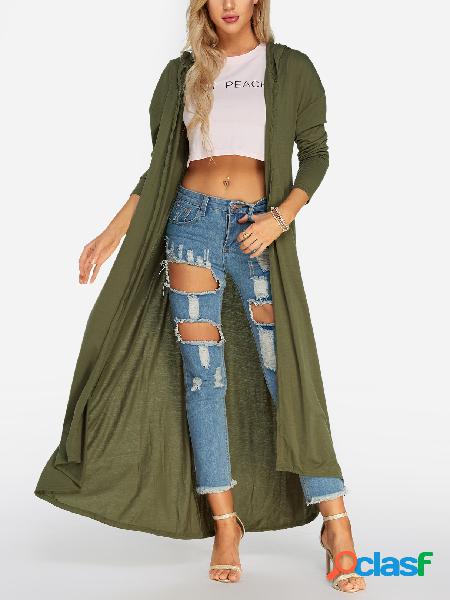 Army Green Curved Hem Hooded Cardigans