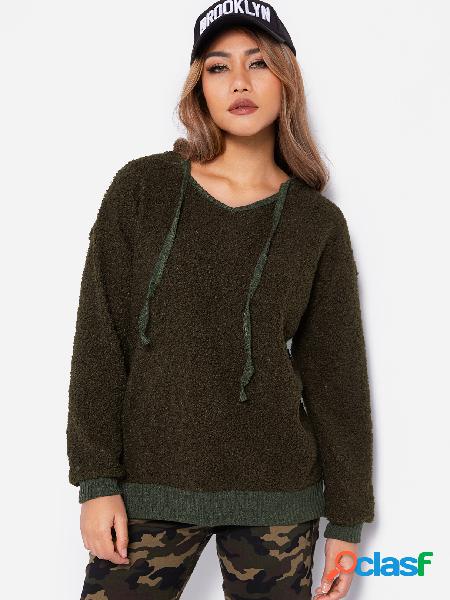 Army Green Hooded Design Long Sleeves Faux Fur Sweater