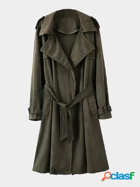 Army Green Lapel Collar Long Sleeves Trench Coat With Tie