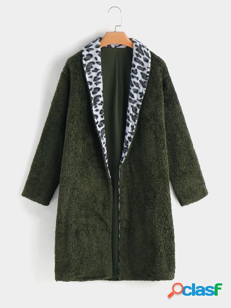 Army Green Plain Lapel Collar Long Sleeves Faux Fur Coat