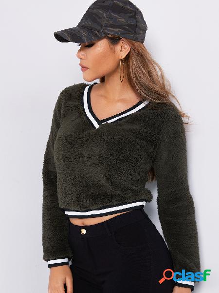 Army Green Plain V-neck Long Sleeves Plush Sweaters