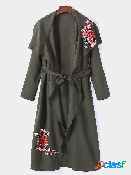Army Green Rose Embroidered Lapel Collar Belt Design Trench