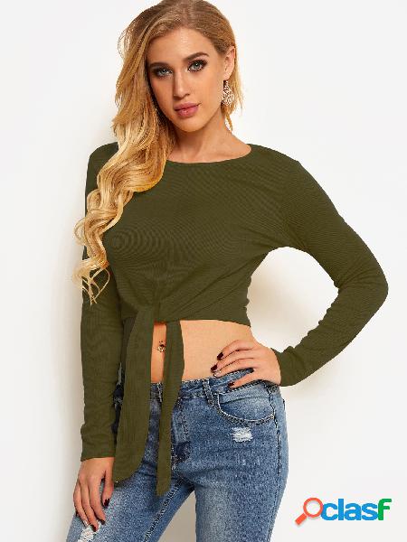 Army Green Self-tie Design Plain Round Neck Long Sleeves