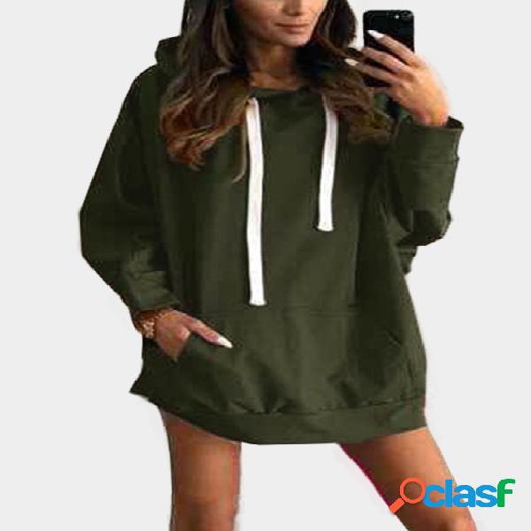 Army Green Solid Color Long Sleeves Hoodie Dress