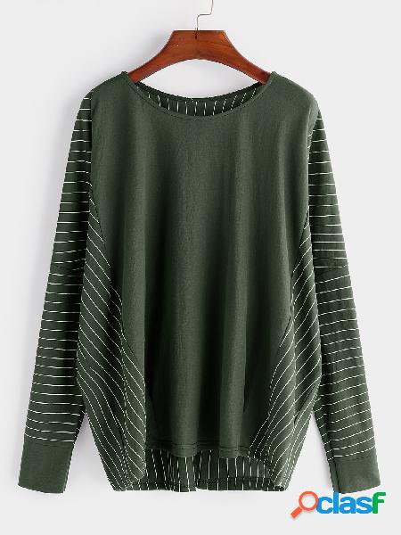 Army Green Stripe Patchwork Design Round Neck Long Sleeves