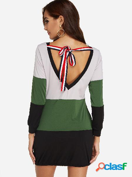 Army Green Stripe Pattern Open Back Self-tie Design Side