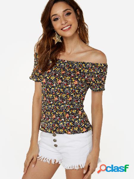 Ashen Random Floral Print Off Shoulder Smocking Top