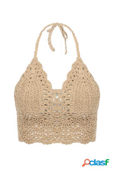 Beige Bralet Top With Crochet Trim