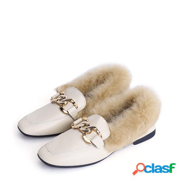 Beige Buckle Decoration Fur Slip-on Loafers
