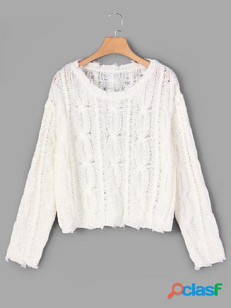 Beige Cable Ribbed Knitted Ripped Crop Sweater