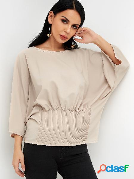 Beige Crew Neck 3/4 Length Bat Sleeves Blouses With Pleated