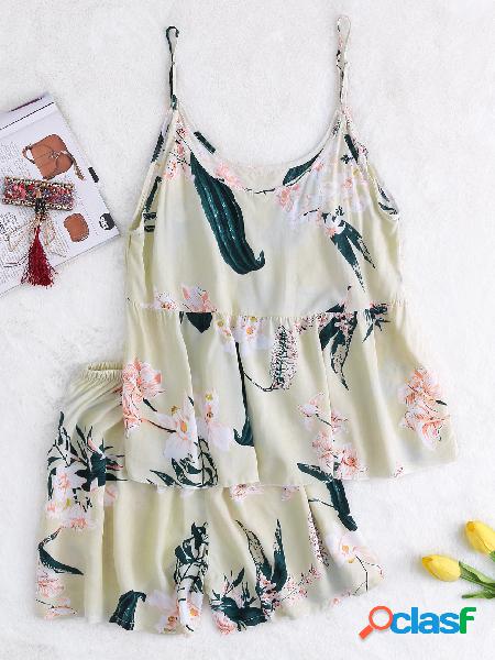 Beige Cute Floral Pajamas Set