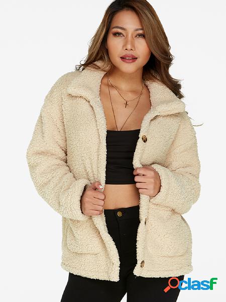 Beige Fluffy Faux Fur Turn-down Collar Long Sleeves Coat