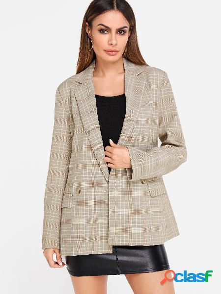 Beige Grid Lapel Collar Long Sleeves Blazer With Patch