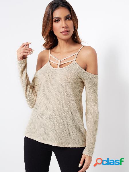 Beige Knitted Cold Shoulder Long Sleeves Top