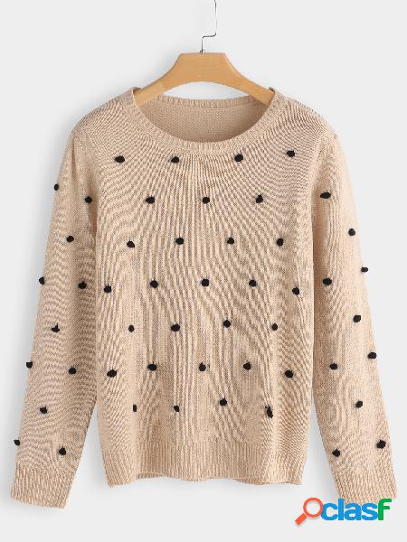 Beige Polka Dot Design Crew Neck Long Sleeves Sweaters