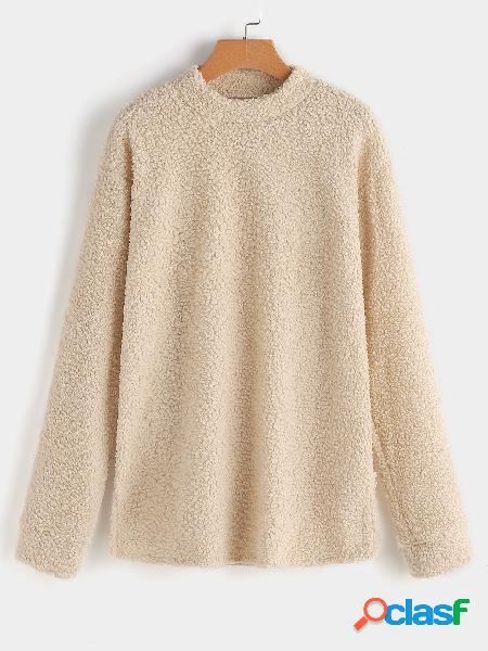 Beige Round Neck Long Sleeves Side Slit Sweater