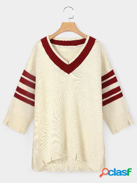 Beige Stripe V-neck Long Sleeves Ripped Sweater