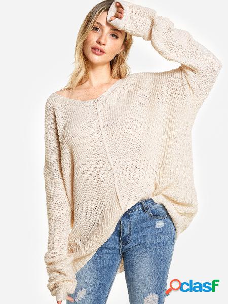 Beige V-neck Long Sleeves Oversize Sweater
