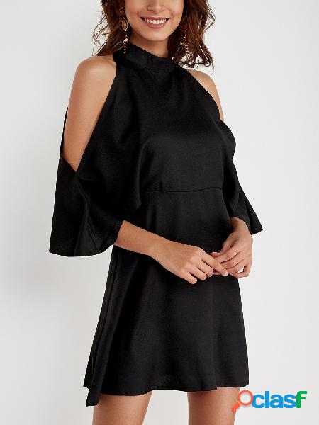 Black A-line Cold Shoulder Frill Design Mini Dress