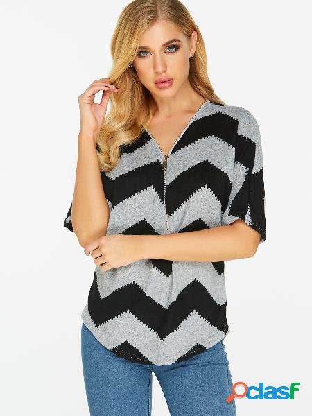 Black And Grey Chevron Striped Zip Front Top