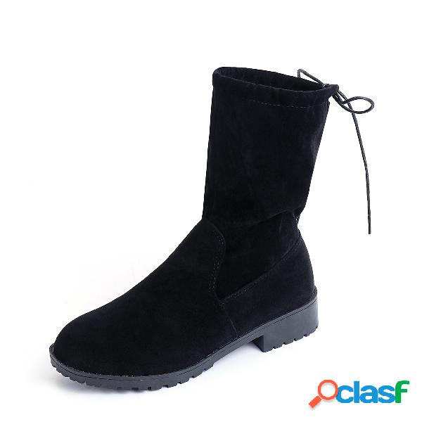 Black Back Tie Suede Mid-calf Boots