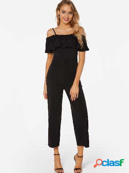 Black Backless Design Off-the-shoulder Overlay Plain