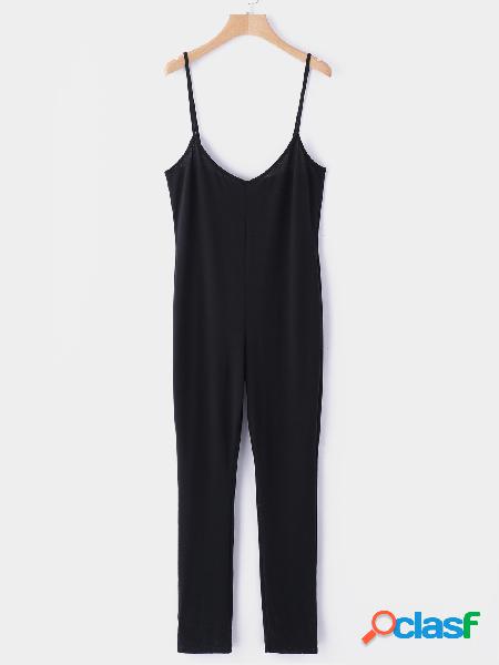 Black Backless Design V Neck Sleeveless Spaghetti Jumpsuit