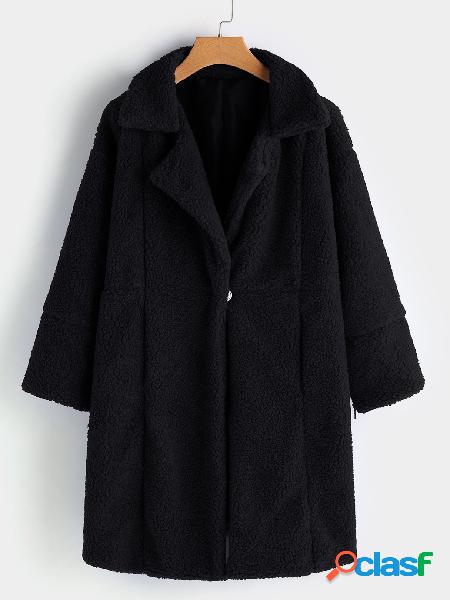 Black Button Design Lapel Collar Long Sleeves Woolen Coat