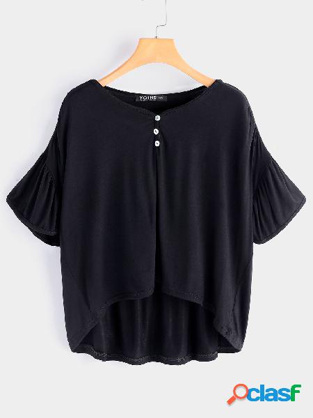 Black Button Design Pleated Details V-neck Short Sleeves